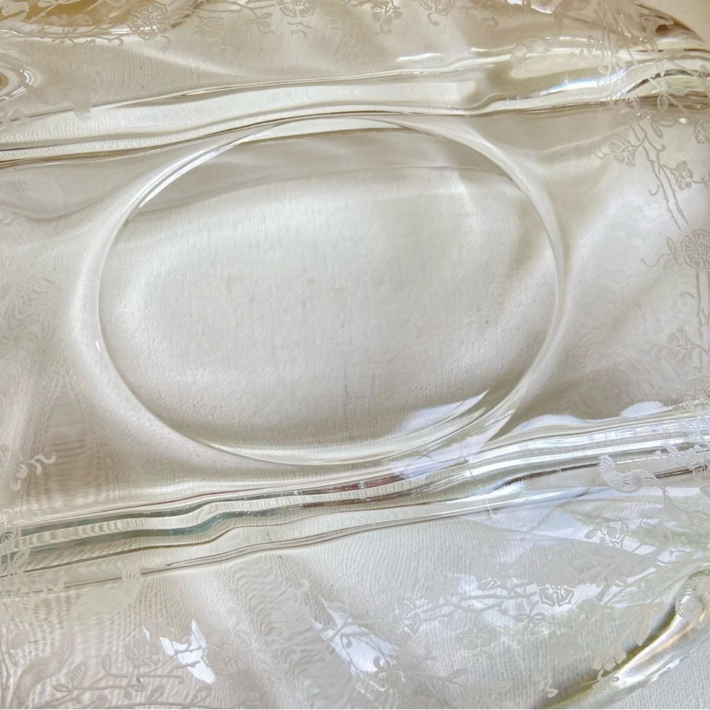 Heisey Glass etched orchids vintage clear divided three part serving tray dish
